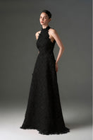 Black floral garden lace halter neck A-line gown by I.H.F Studio featuring intricate lace details and a flowing silhouette.
