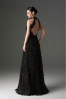 Black floral garden lace halter neck A-line gown by I.H.F Studio featuring intricate lace details and a flowing silhouette.