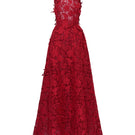Red floral garden lace halter neck A-line gown by I.H.F Studio with intricate lace details and a flowing silhouette.