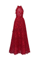 Red floral garden lace halter neck A-line gown by I.H.F Studio with intricate lace details and a flowing silhouette.