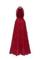 Red floral garden lace halter neck A-line gown by I.H.F Studio with intricate lace details and flowing silhouette.