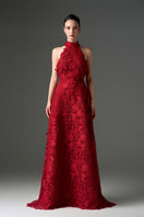 Red floral garden lace halter neck A-line gown by I.H.F Studio with intricate lace details and flowing skirt.