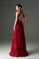 Red floral garden lace halter neck A-line gown by I.H.F Studio, featuring intricate lace details and a flowing silhouette.