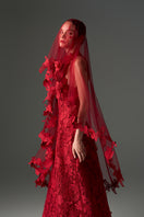 Red floral lace halter neck A-line gown by I.H.F Studio, featuring intricate lace details and a flowing silhouette.