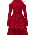Red Loral Vine lace halter neck mini dress from I.H.F Studio, featuring intricate lace details and a stylish halter neckline.