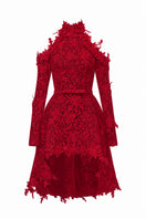 Red Loral Vine lace halter neck mini dress from I.H.F Studio, featuring intricate lace details and a stylish halter neckline.