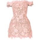 Pink off-shoulder floral lace mini dress by I.H.F Studio, featuring a fitted style with delicate lace details.