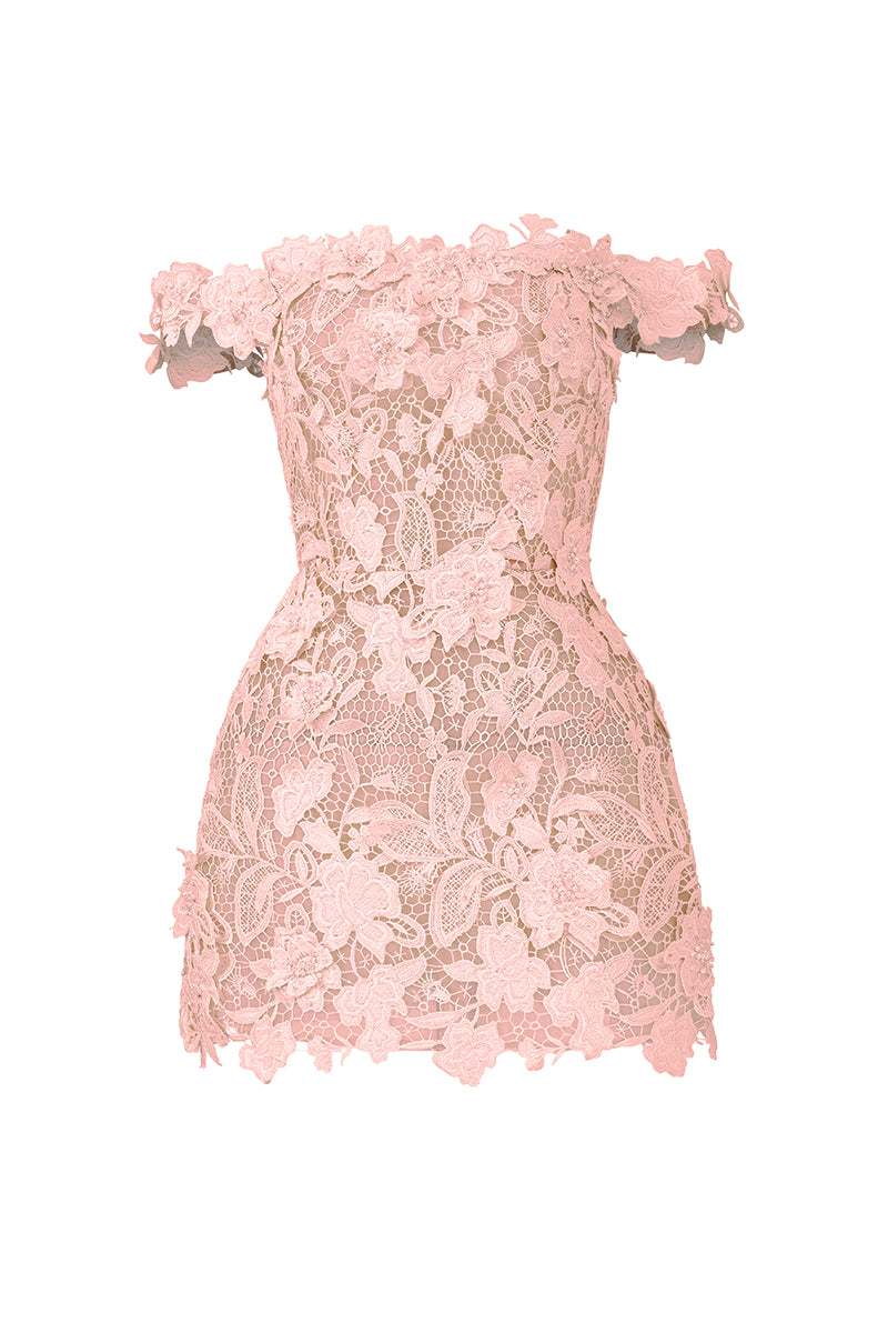 OFF-SHOULDER FLORAL LACE MINI DRESS IN PINK - CULT MIA