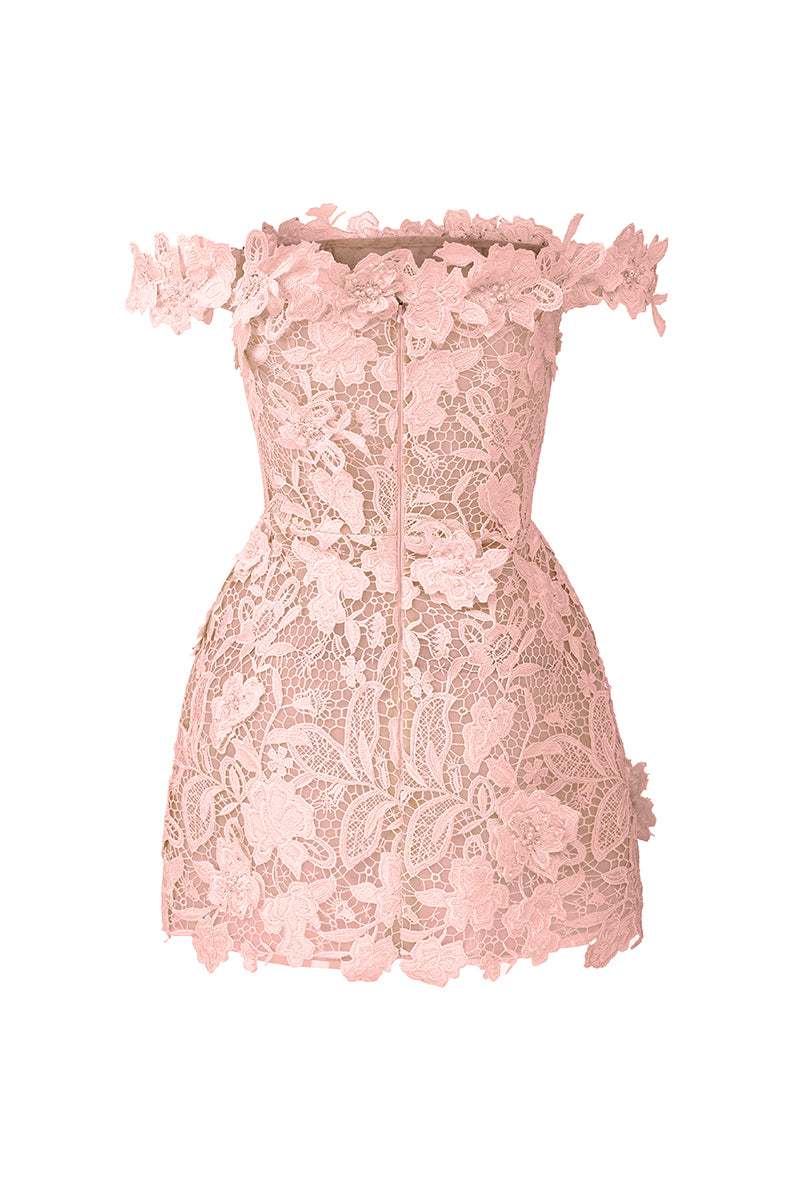 Pink off-shoulder floral lace mini dress from I.H.F Studio, featuring delicate lace details and a fitted silhouette.