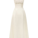 Ivory silk taffeta trapeze A-line gown with crystal embellishments by I.H.F Studio, elegant and flowing design.
