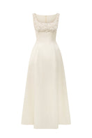Ivory silk taffeta trapeze A-line gown with crystal embellishments by I.H.F Studio, elegant and flowing design.
