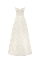 Yellow Lotus Brocade A-line gown by I.H.F Studio featuring intricate floral patterns and elegant design.