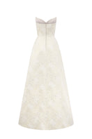 Yellow Lotus Brocade A-line gown by I.H.F Studio featuring intricate brocade fabric and elegant design.