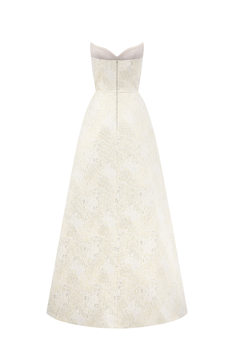 Yellow Lotus Brocade A-line gown by I.H.F Studio featuring intricate brocade fabric and elegant design.