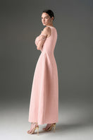 Light pink silk taffeta trapeze A-line gown with crystal embellishments by I.H.F Studio, flowing silhouette and elegant design.