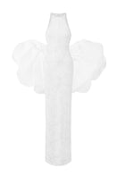 White halter mesh lace gown by I.H.F Studio, featuring intricate lace details and a flowing silhouette.