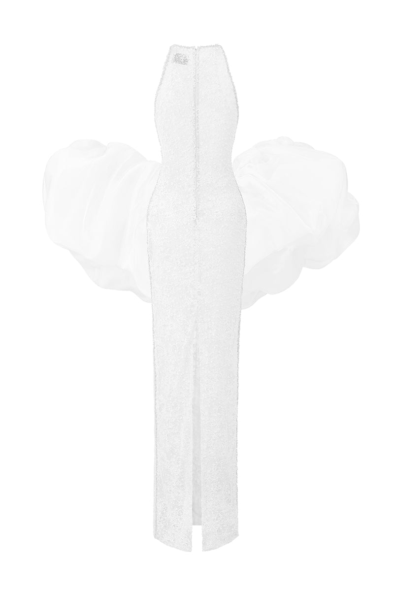 White halter mesh lace gown by I.H.F Studio, featuring intricate lace details and a stylish halter neckline.