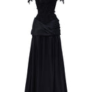 Black floral vine lace off-shoulder draped A-line gown by I.H.F Studio, featuring elegant lace and flowing silhouette.