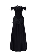 Black floral vine lace off-shoulder draped A-line gown by I.H.F Studio, featuring elegant lace and flowing silhouette.