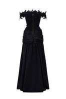 Black floral vine lace off-shoulder draped A-line gown by I.H.F Studio, featuring elegant lace details and a flowing silhouette.