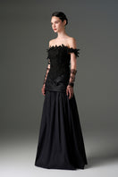 Black floral vine lace off-shoulder draped A-line gown by I.H.F Studio, featuring intricate lace details and elegant silhouette.