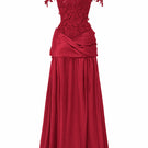 Red floral vine lace off-shoulder draped A-line gown by I.H.F Studio, featuring elegant lace details and flowing fabric.