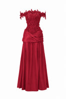 Red floral vine lace off-shoulder draped A-line gown by I.H.F Studio, featuring elegant lace details and flowing fabric.