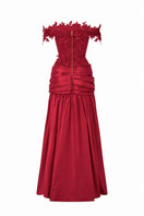 Red floral vine lace off-shoulder draped A-line gown by I.H.F Studio featuring elegant floral lace details and flowing silhouette.