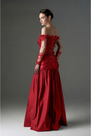 Red floral vine lace off-shoulder draped A-line gown by I.H.F Studio, featuring intricate lace details and elegant flowing design.