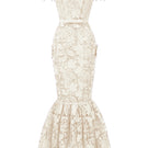 Ivory floral lace off-shoulder A-line gown by I.H.F Studio with delicate floral lace details and flowing silhouette.