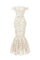 Ivory floral lace off-shoulder A-line gown by I.H.F Studio with delicate floral lace details and flowing silhouette.