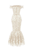 Ivory floral garden lace off-shoulder A-line gown by I.H.F Studio, featuring elegant lace details and a flowing silhouette.