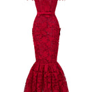 Red floral garden lace off-shoulder A-line gown by I.H.F Studio, featuring intricate lace details and a flowing silhouette.