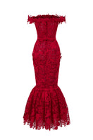 Red floral garden lace off-shoulder A-line gown by I.H.F Studio, featuring intricate lace details and a flowing silhouette.