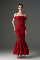 Red floral lace off-shoulder A-line gown by I.H.F Studio with intricate lace details and flowing silhouette.