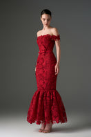 Red floral garden lace off-shoulder A-line gown by I.H.F Studio, featuring intricate lace details and a flowing elegant silhouette.