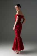 Red floral garden lace off-shoulder A-line gown by I.H.F Studio, featuring intricate lace details and a flowing silhouette.