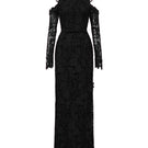 Black floral garden lace gown with long sleeves by I.H.F Studio, featuring intricate lace details and elegant design.