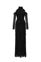 Black floral garden lace gown with long sleeves by I.H.F Studio, featuring intricate lace details and elegant design.