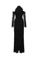 Black floral garden lace gown with long sleeves by I.H.F Studio, featuring intricate lace details and elegant design.