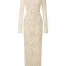 Beige long sleeve mesh lace midi dress by I.H.F Studio, featuring intricate lace details and a fitted silhouette.
