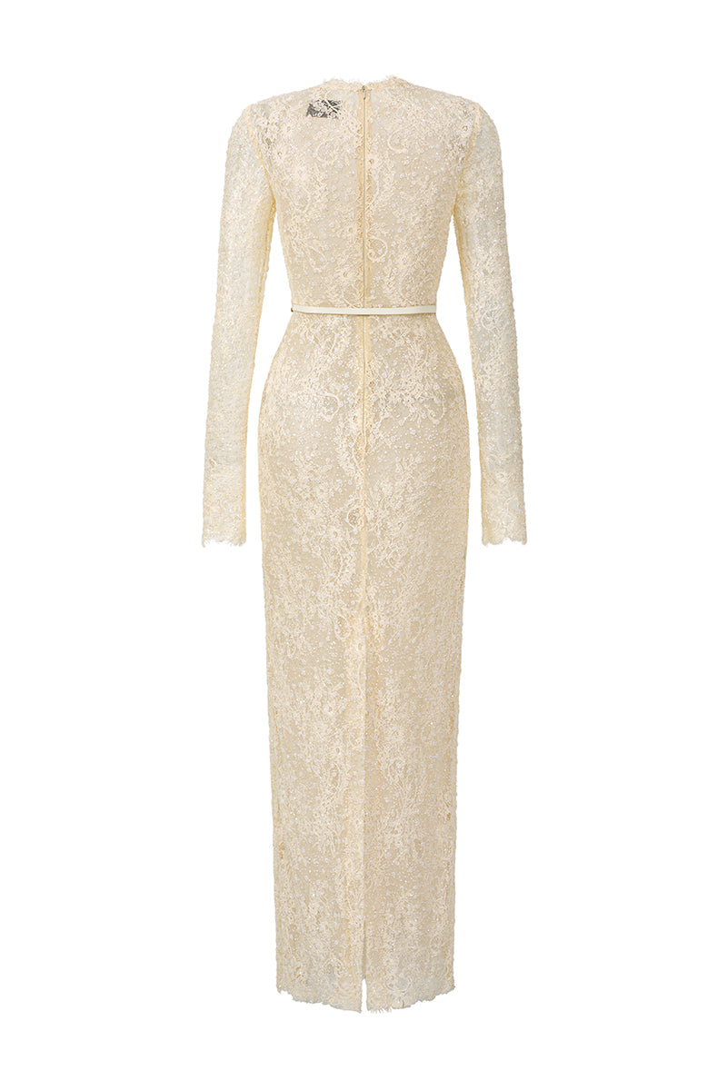 LONG SLEEVE MESH LACE MIDI DRESS IN BEIGE | CULT MIA | I.H.F Studio LONG SLEEVE MESH LACE MIDI DRESS IN BEIGE | CULT MIA | I.H.F Studio