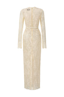 Beige long sleeve mesh lace midi dress by I.H.F Studio, featuring intricate lace details and a fitted silhouette.