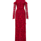 Red floral garden long sleeve lace gown by I.H.F Studio featuring intricate lace details and elegant flowing fabric.