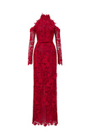 Red floral garden long sleeve lace gown by I.H.F Studio featuring intricate lace details and elegant flowing fabric.
