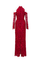 Red floral lace gown with long sleeves from I.H.F Studio, featuring intricate lace details and elegant flowy fabric.