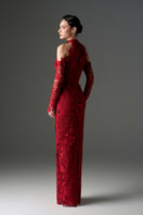 Red floral garden long sleeves lace gown by I.H.F Studio featuring intricate lace details and elegant floral patterns.