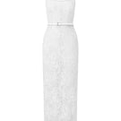 White square neck mesh lace midi dress by I.H.F Studio, featuring a fitted bodice and flowing skirt, perfect for elegant occasions.