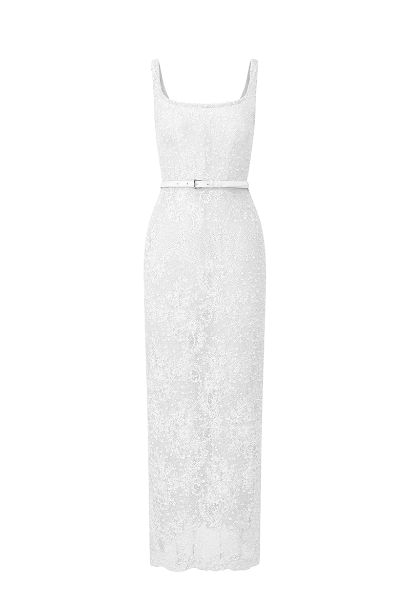 SQUARE NECK MESH LACE MIDI DRESS IN WHITE | CULT MIA