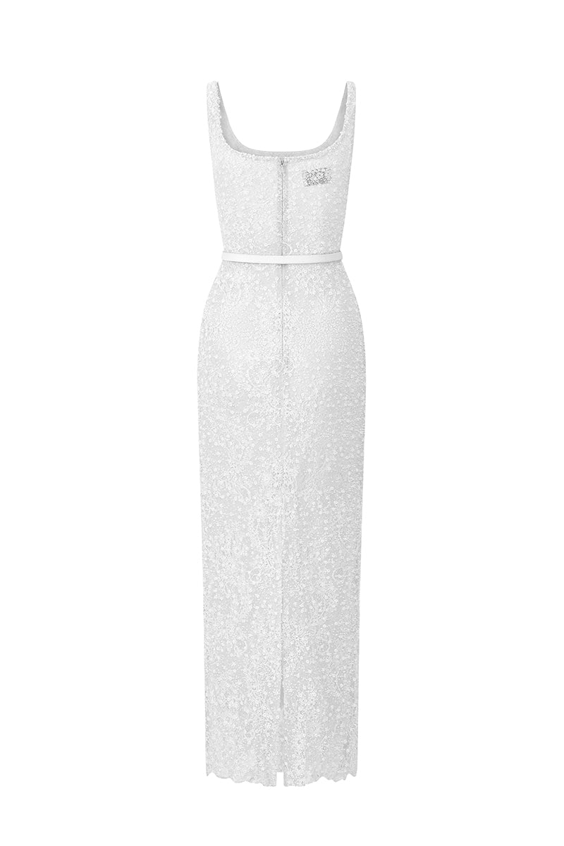 White I.H.F Studio square neck mesh lace midi dress, elegant maxi dress with intricate lace details and a fitted silhouette.